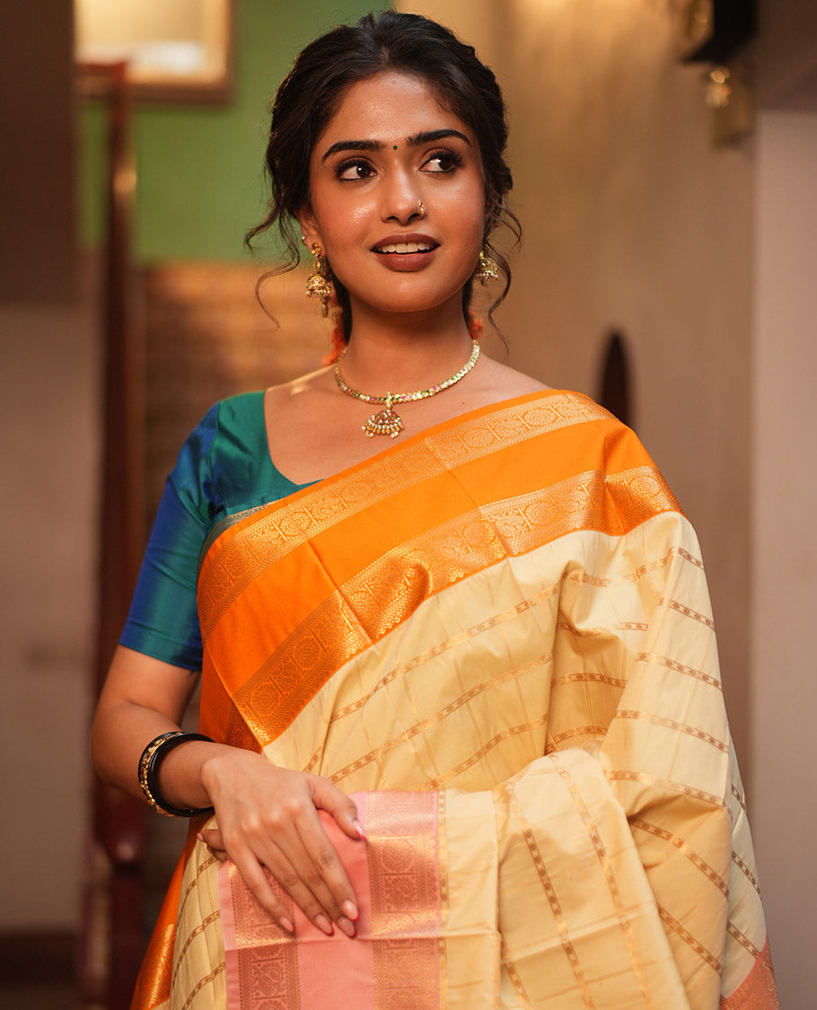 Cream Zari Striped Budget Silksaree,Contrast Ganga Jamuna Rettai Pettu Border,Jaal Pallu, Contrast Blouse