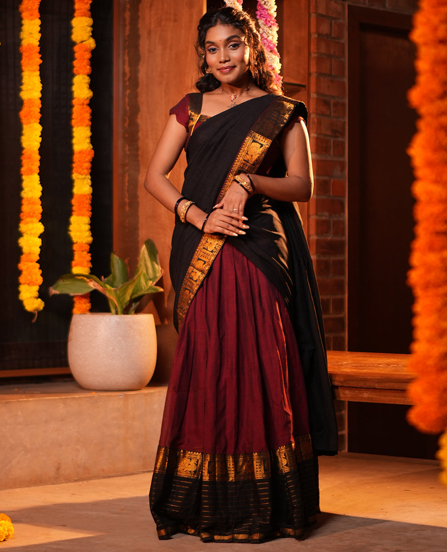 Maroon-Black Mercerised Cotton Half-Saree, Plain Skirt, Contrast Traditional Annam Border, Matching Blouse, Contrast Dhavani