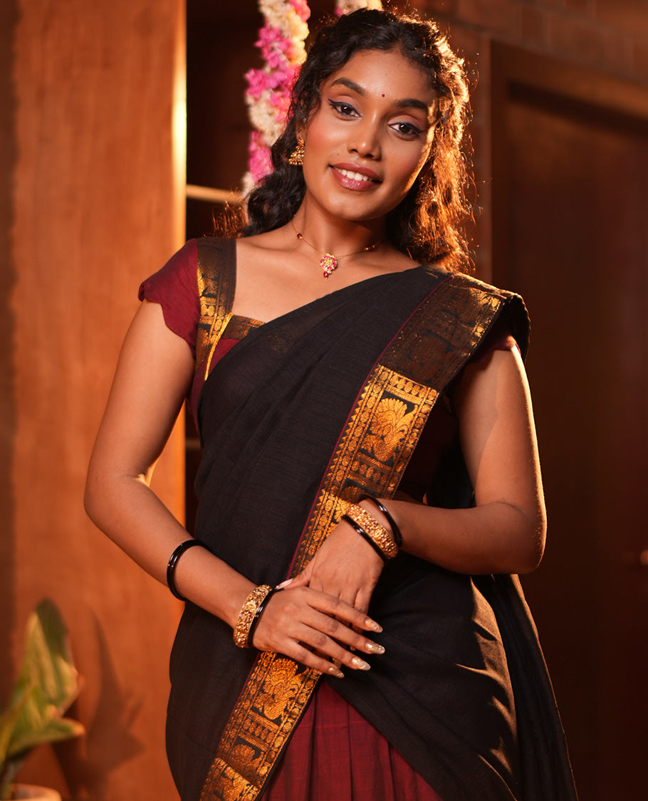 Maroon-Black Mercerised Cotton Half-Saree, Plain Skirt, Contrast Traditional Annam Border, Matching Blouse, Contrast Dhavani