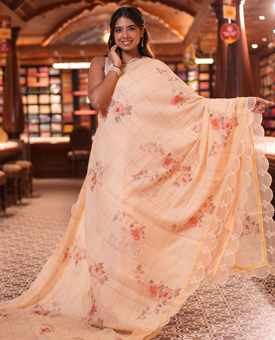 Sandal Floral Motifs Chanderi Cotton Saree