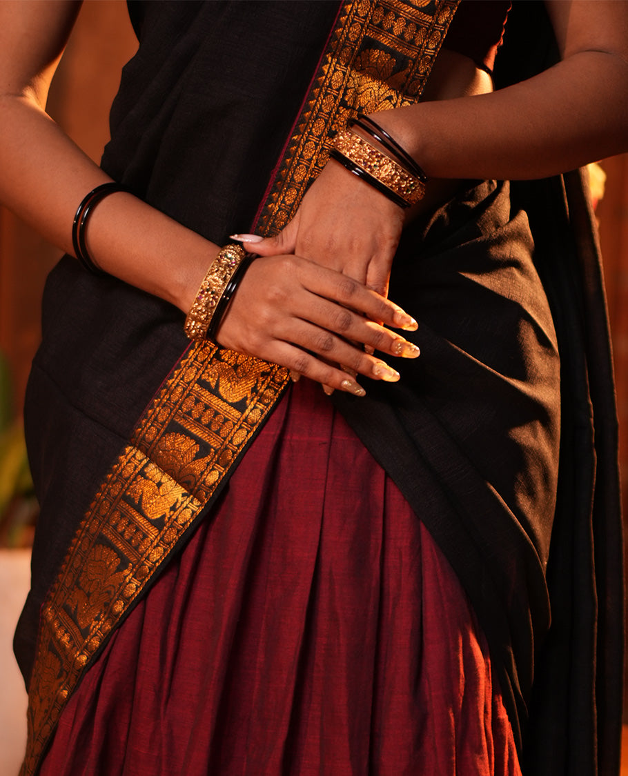 Maroon-Black Mercerised Cotton Half-Saree, Plain Skirt, Contrast Traditional Annam Border, Matching Blouse, Contrast Dhavani