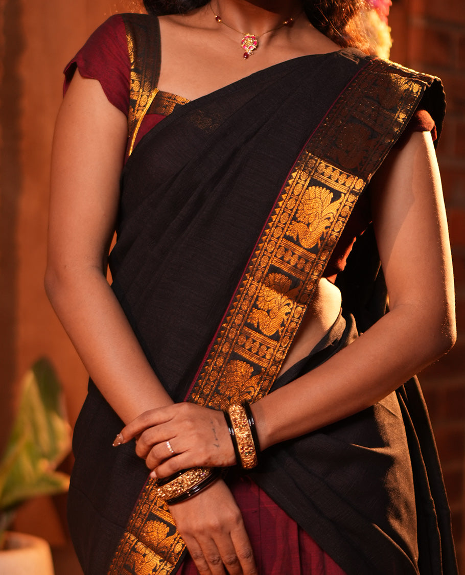 Maroon-Black Mercerised Cotton Half-Saree, Plain Skirt, Contrast Traditional Annam Border, Matching Blouse, Contrast Dhavani