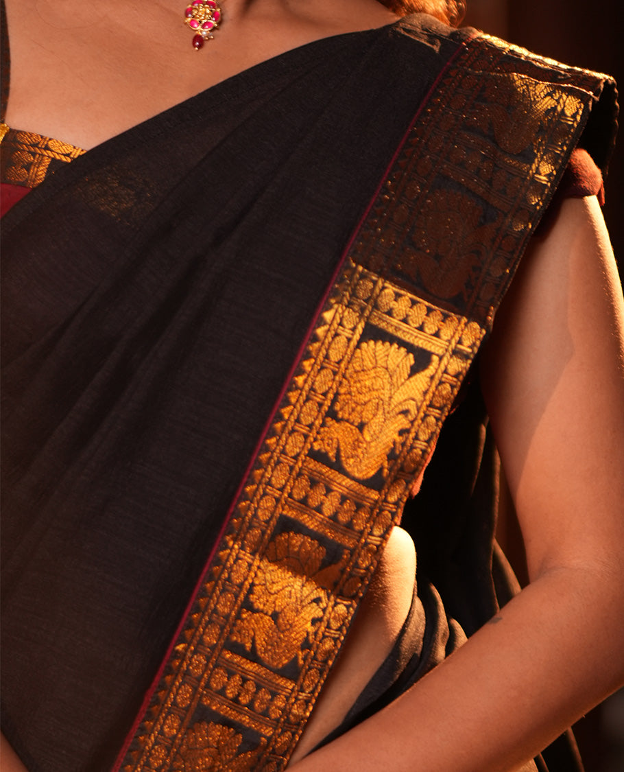 Maroon-Black Mercerised Cotton Half-Saree, Plain Skirt, Contrast Traditional Annam Border, Matching Blouse, Contrast Dhavani