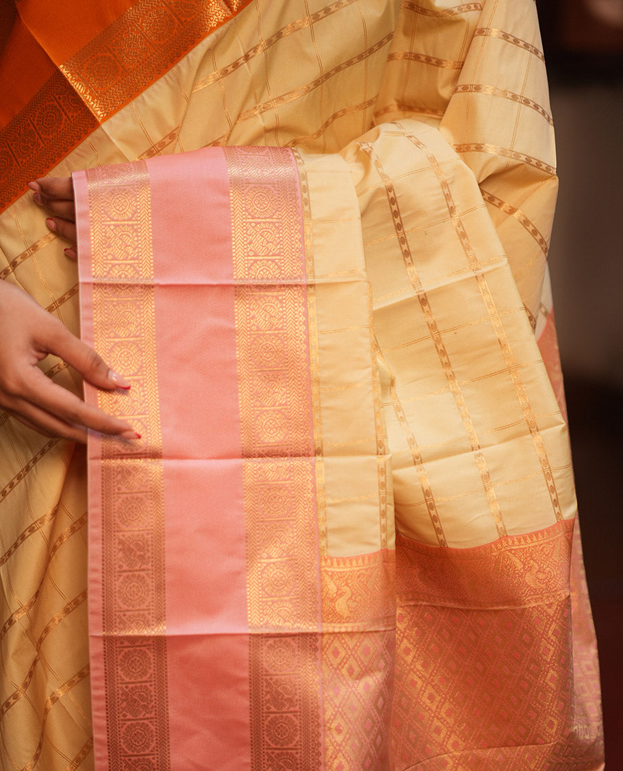 Cream Zari Striped Budget Silksaree,Contrast Ganga Jamuna Rettai Pettu Border,Jaal Pallu, Contrast Blouse
