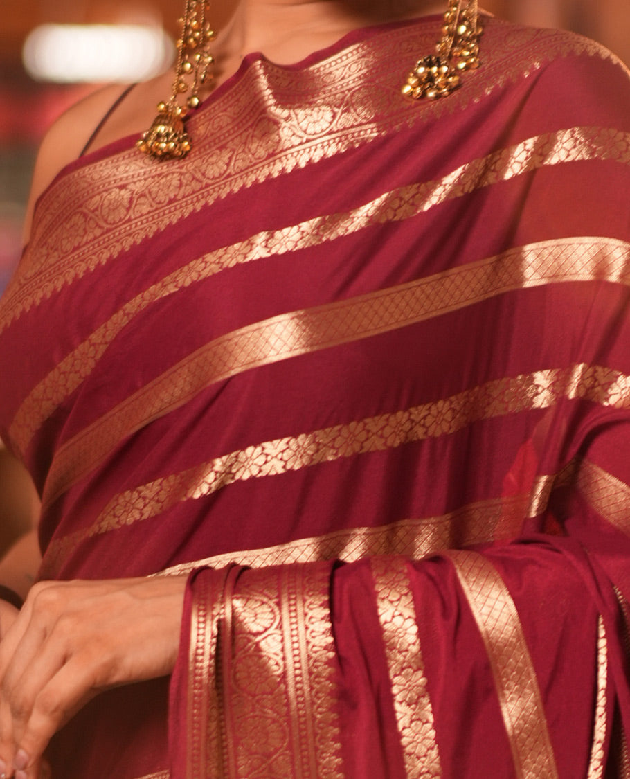 Maroon Zari Design Mysore Silk Saree, a Traditional Zari Border, Zari Striped Pallu, and a Matching Blouse