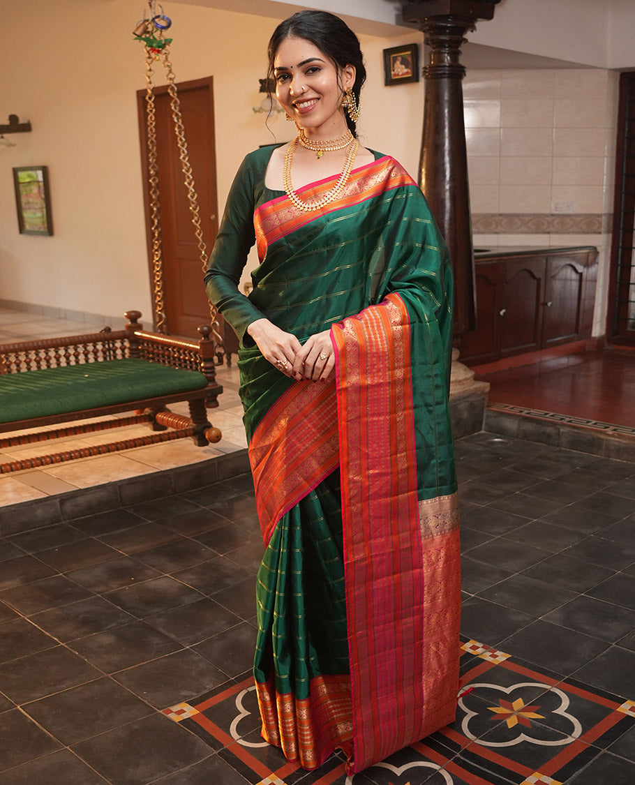 Green-Dark Pink Striped Vasundhara Lite Silk Mix Saree, Contrast Manga-Mayil Border, Contrast Blouse