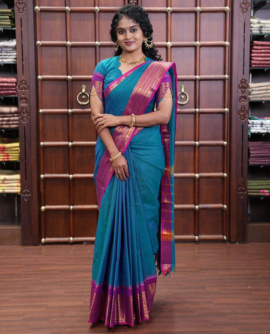 Blue Plain Chettinad Cotton Saree, Complemented by a Contrast Traditional Zari Design Woven Border of Rudraksham Designs, Subtly Striped Pallu, and Paired with a Matching Blouse