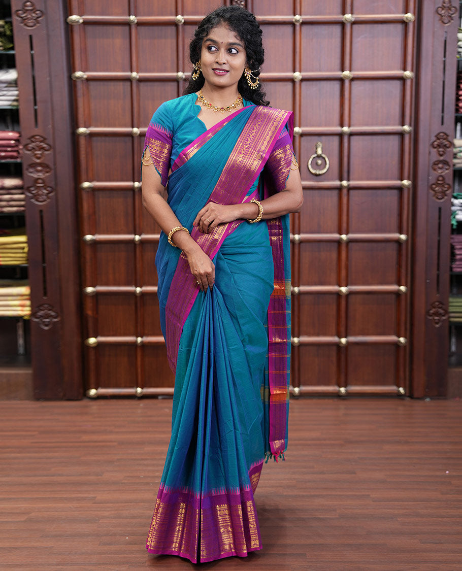 Blue Plain Chettinad Cotton Saree, Complemented by a Contrast Traditional Zari Design Woven Border of Rudraksham Designs, Subtly Striped Pallu, and Paired with a Matching Blouse