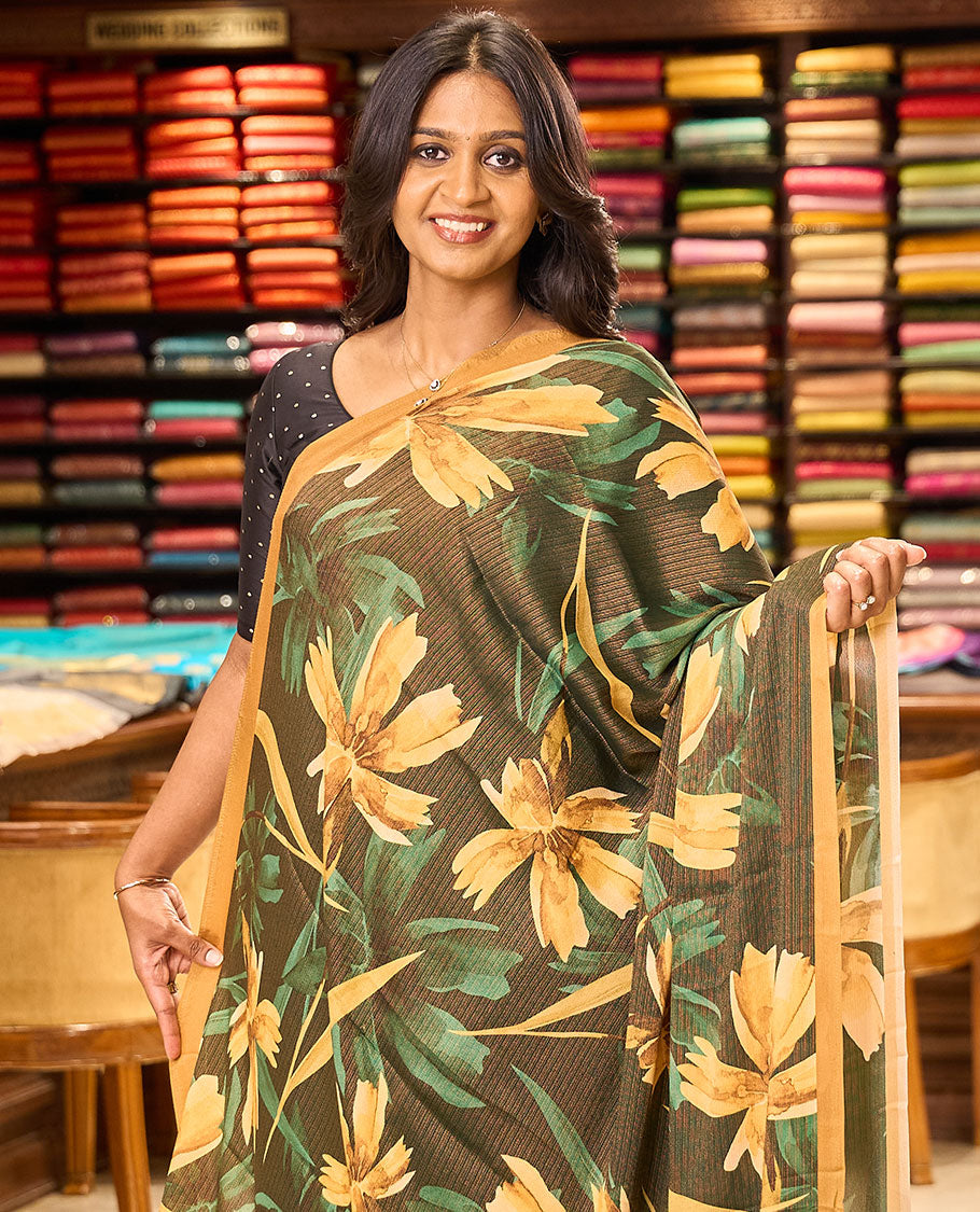 Borderless Green floral digital print brasso saree with self pallu along with printed blouse