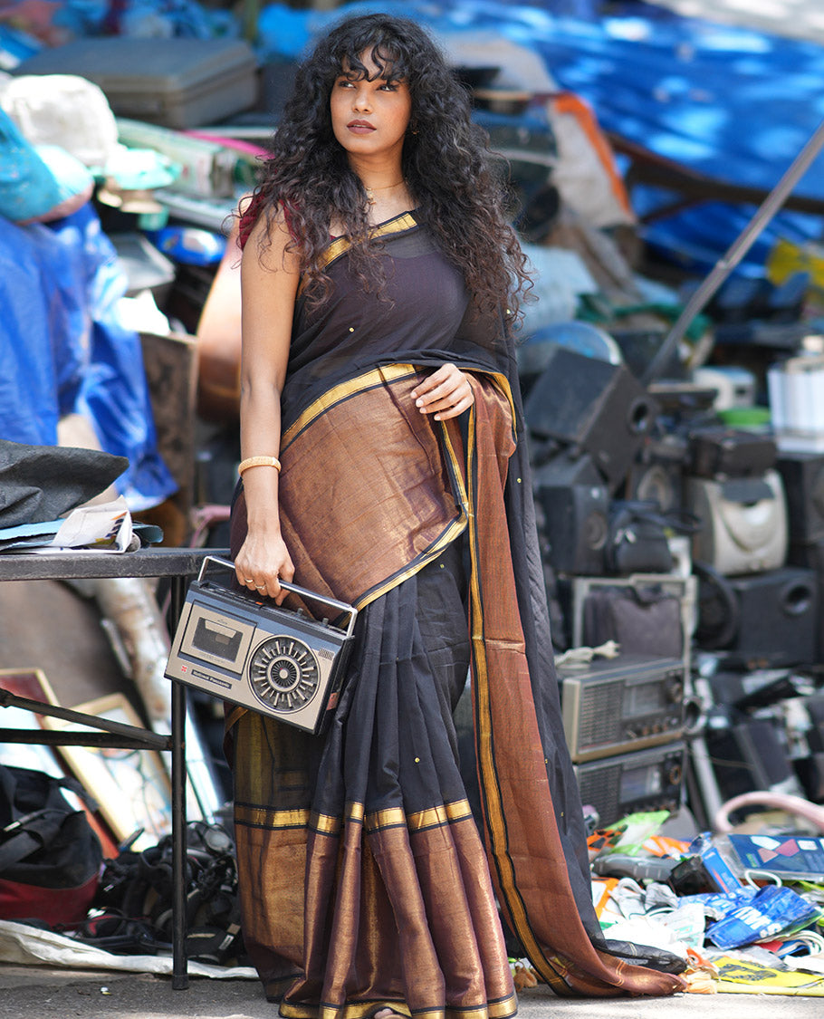 Black Khadi Mul Cotton Saree, Bedecked with Sequined Work, Complemented by a Gold Tissue Border, a Self-Pallu, and No Blouse