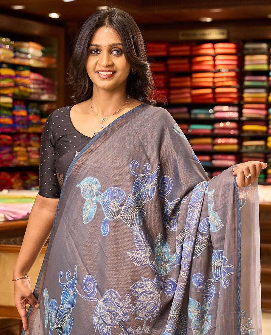 Borderless Grey floral digital print brasso saree with self pallu along with printed blouse
