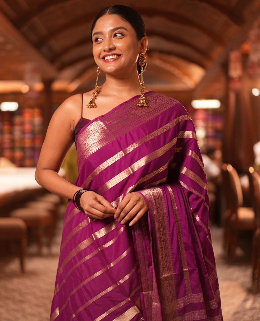Magenta Zari Design Mysore Silk Saree, a Traditional Zari Border, Zari Striped Pallu, and a Matching Blouse