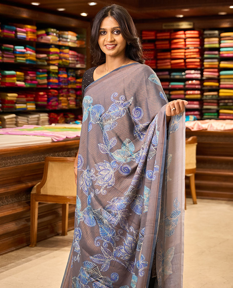 Borderless Grey floral digital print brasso saree with self pallu along with printed blouse