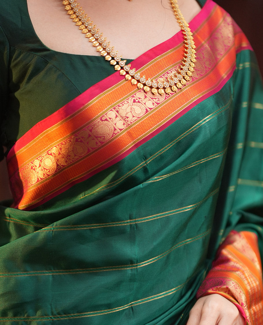 Green-Dark Pink Striped Vasundhara Lite Silk Mix Saree, Contrast Manga-Mayil Border, Contrast Blouse