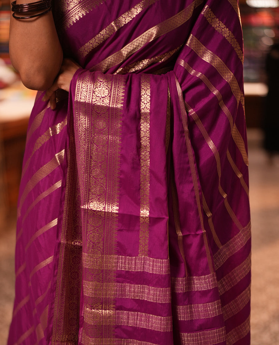 Magenta Zari Design Mysore Silk Saree, a Traditional Zari Border, Zari Striped Pallu, and a Matching Blouse