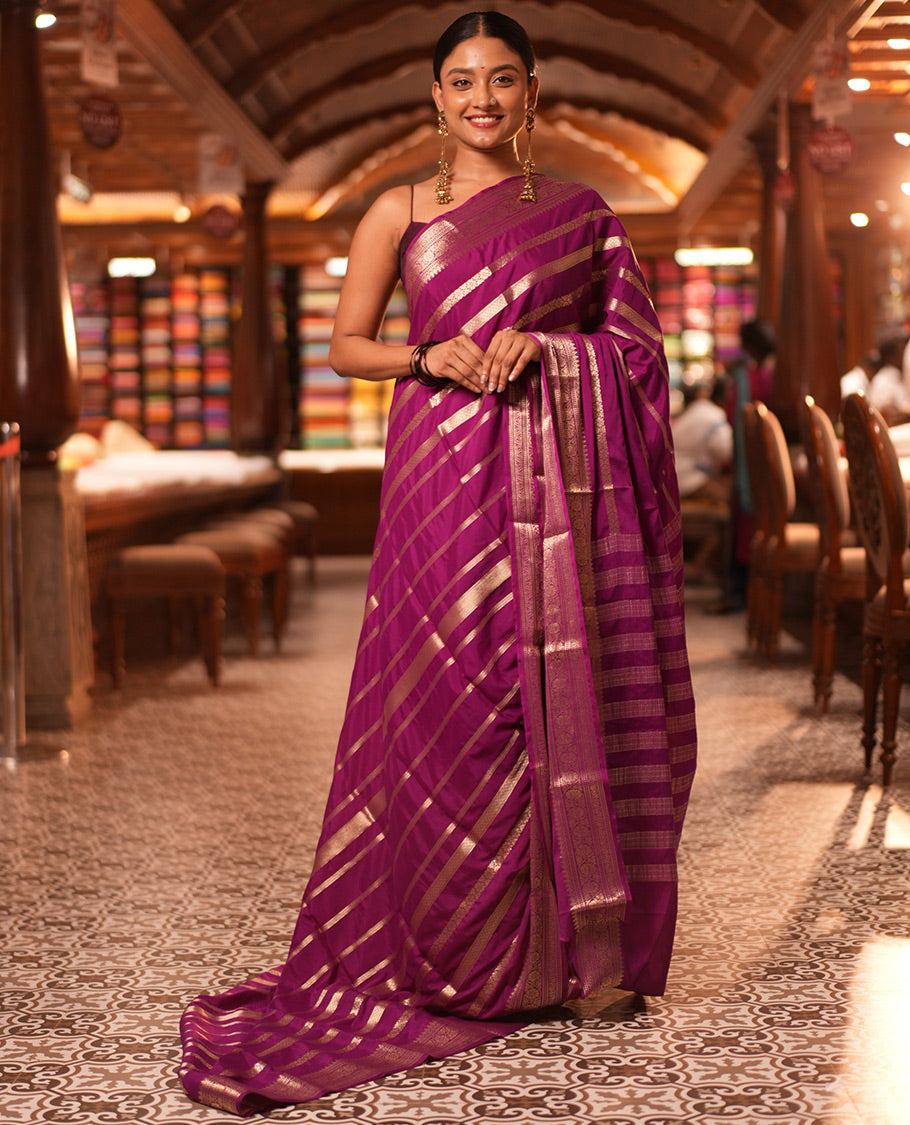 Magenta Zari Design Mysore Silk Saree, a Traditional Zari Border, Zari Striped Pallu, and a Matching Blouse