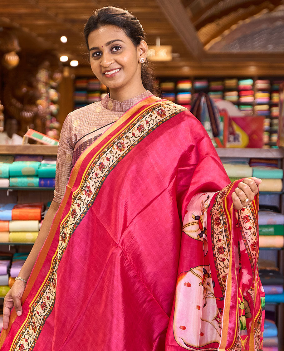 Red Pichwai cow printed banana pith saree with zari border of floral creeper print, and pallu of Pichwai lotus vine and cow print