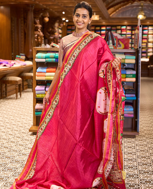 Red Pichwai cow printed banana pith saree with zari border of floral creeper print, and pallu of Pichwai lotus vine and cow print