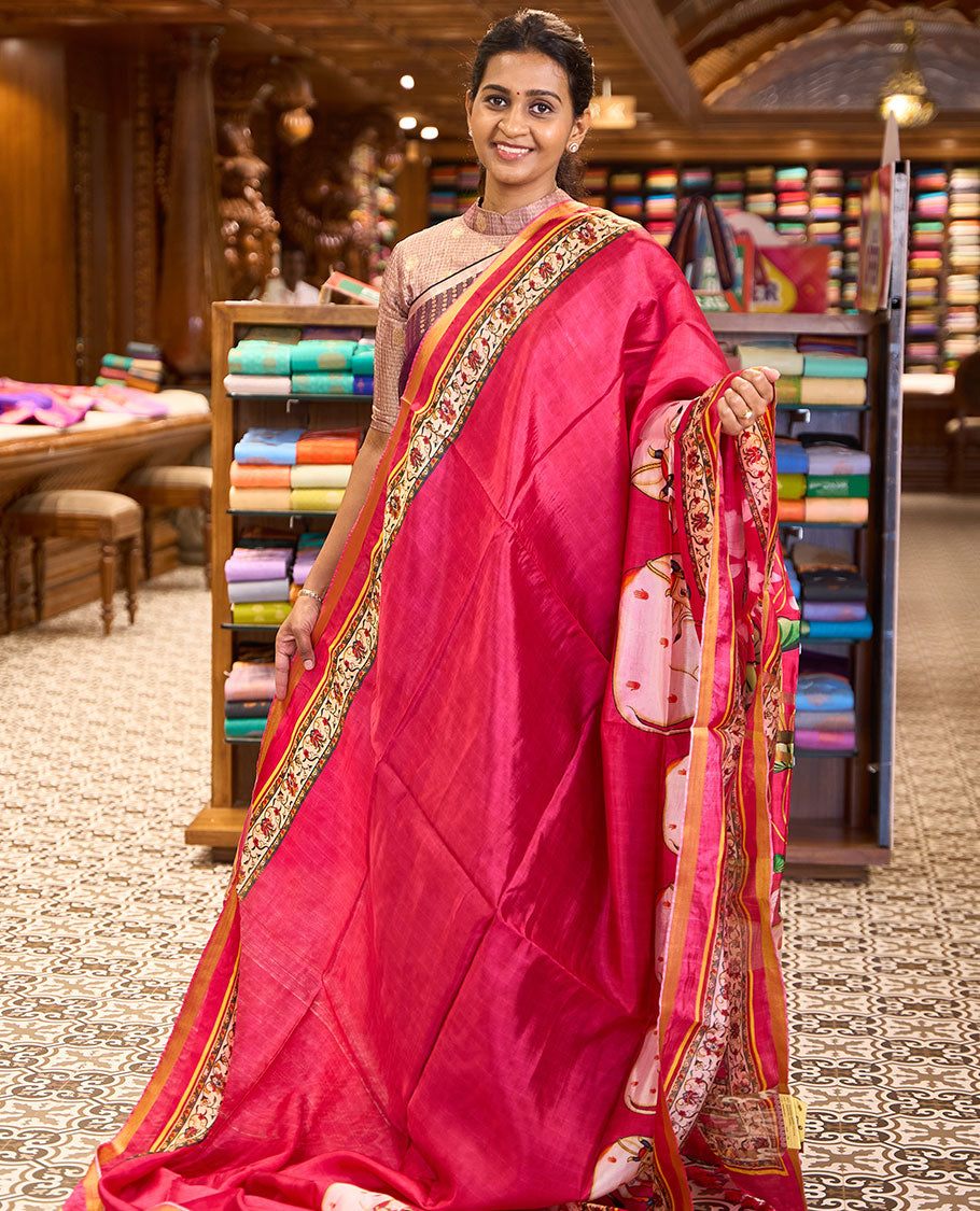 Red Pichwai cow printed banana pith saree with zari border of floral creeper print, and pallu of Pichwai lotus vine and cow print