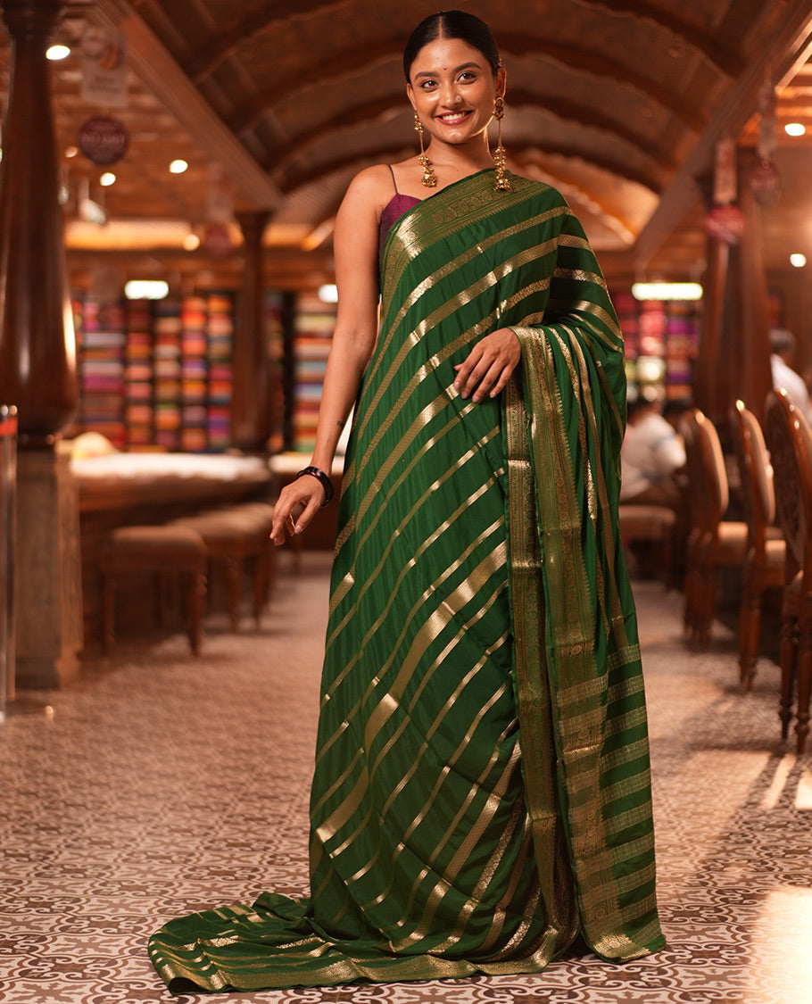 Bottle Green Zari Design Mysore Silk Saree, a Traditional Zari Border, Zari Striped Pallu, and a Matching Blouse