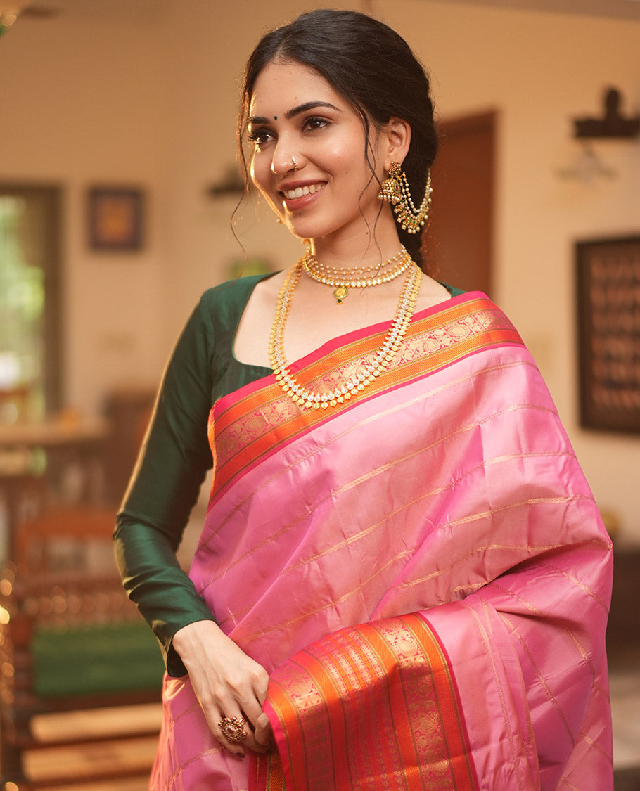 Onion Pink-Dark Pink Striped Vasundhara Lite Silk Mix Saree, Contrast Manga-Mayil Border, Contrast Blouse