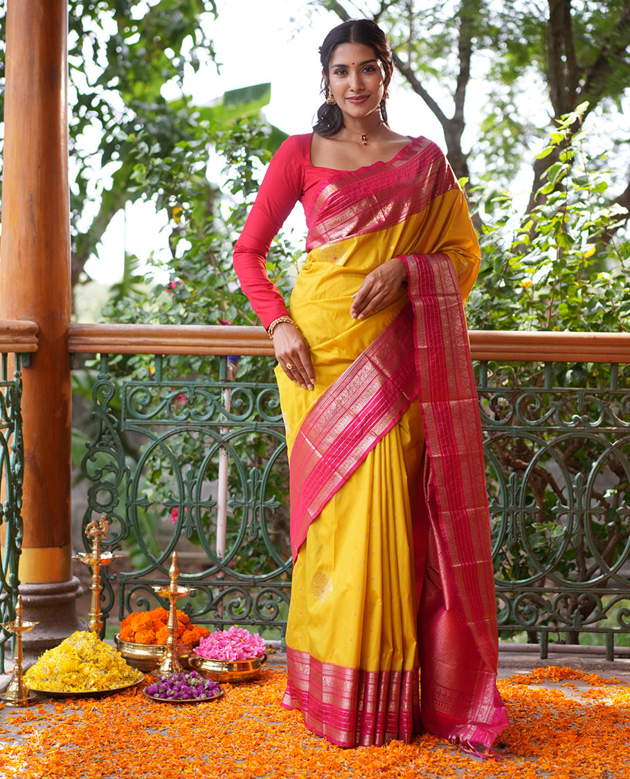 Lemon Yellow-Rani Pink Budget Silk Saree