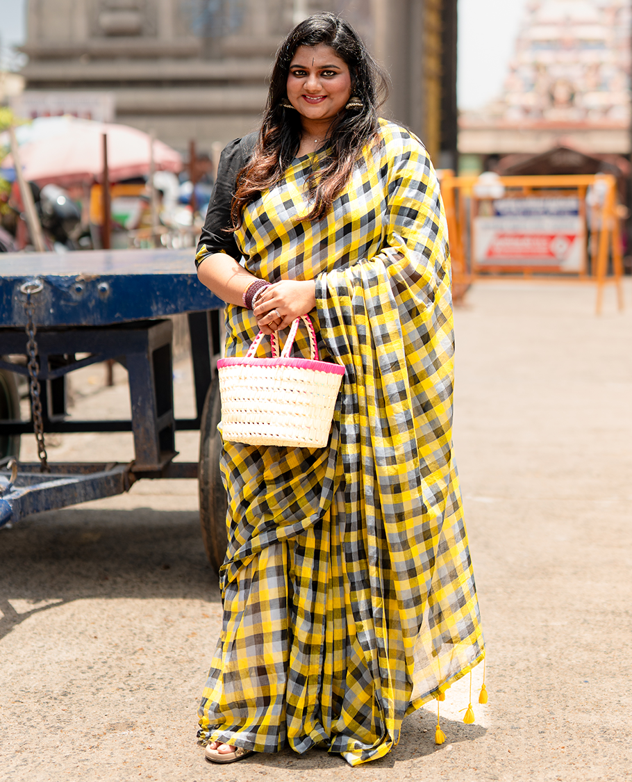 Borderless Yellow-Black Khadi Mul Cotton Saree with Madras Checks, Comes without Blouse