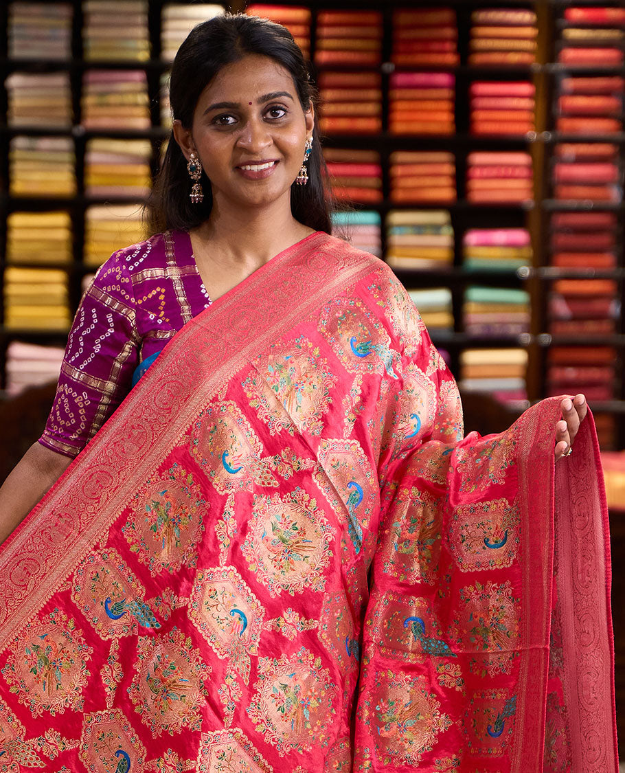 Pink meenakari-style floral & bird enclosed arches printed dola satin silk saree, traditional peacock-elephant zari border & ogee patterned pallu