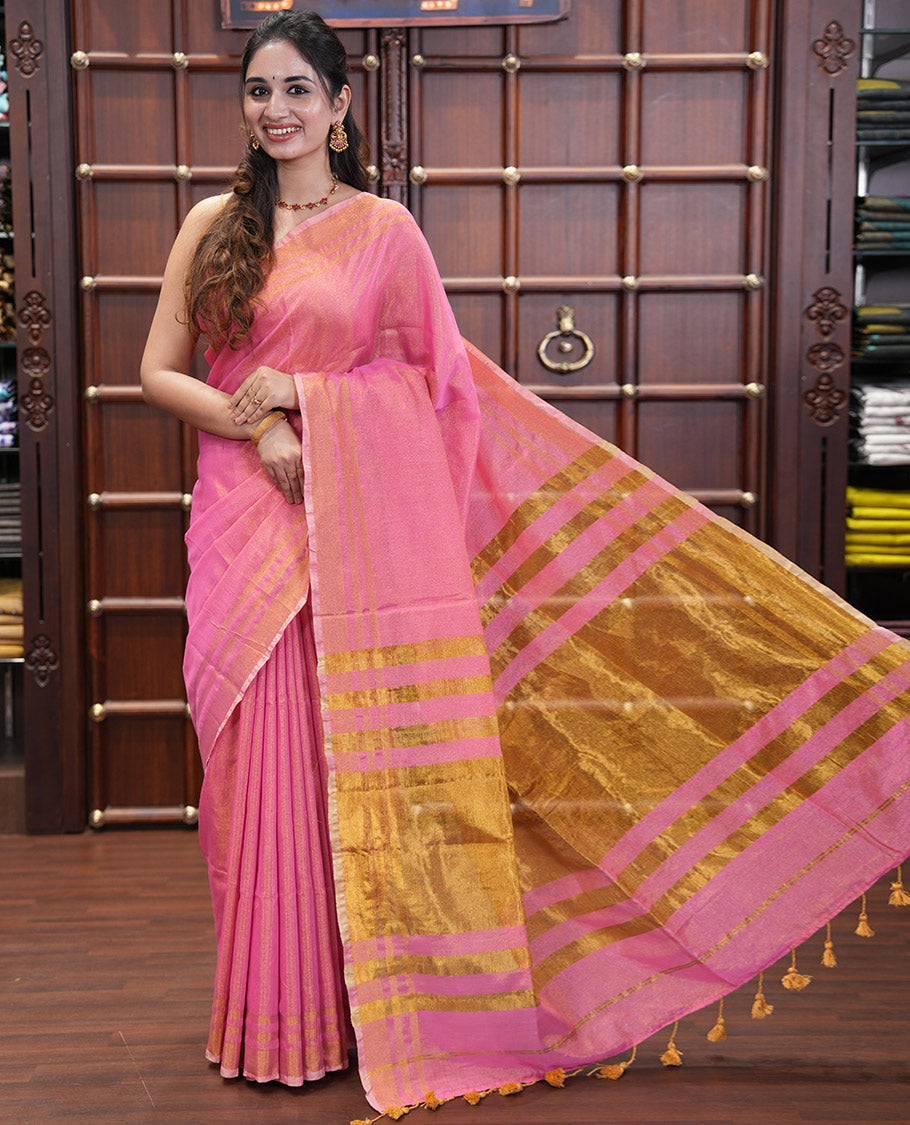 Pink Plain Khadi Tissue Saree, a Gold Zari Border, a Self-Pallu, and a Matching Blouse
