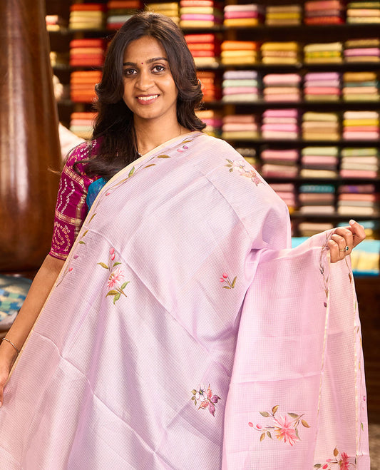 Lavender floral & butterflies hand-painted pure-kota silk saree, piping floral creeper design border & matching hand-painted blouse