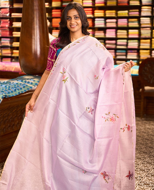 Lavender floral & butterflies hand-painted pure-kota silk saree, piping floral creeper design border & matching hand-painted blouse