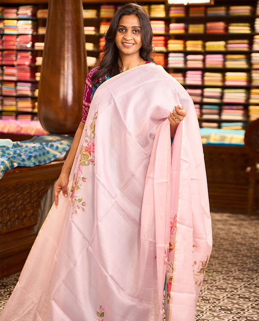Pastel pink floral motifs hand-painted pure-kota silk saree, piping border, floral hand-painted pallu & plain matching blouse