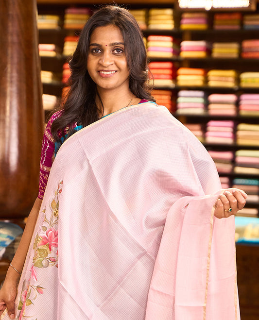 Pastel pink floral motifs hand-painted pure-kota silk saree, piping border, floral hand-painted pallu & plain matching blouse