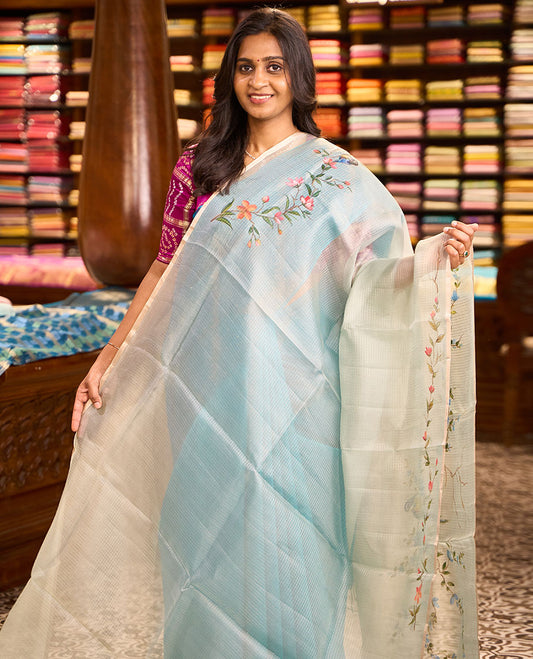 Green floral-bird hand-painted organza silk saree, leaf vine & birds hand-painted piping zari border & zari buttas chiniya silk blouse