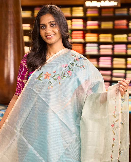 Green floral-bird hand-painted organza silk saree, leaf vine & birds hand-painted piping zari border & zari buttas chiniya silk blouse