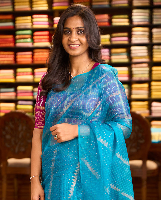 Borderless blue sequins embroidery and temple design, organza silk saree