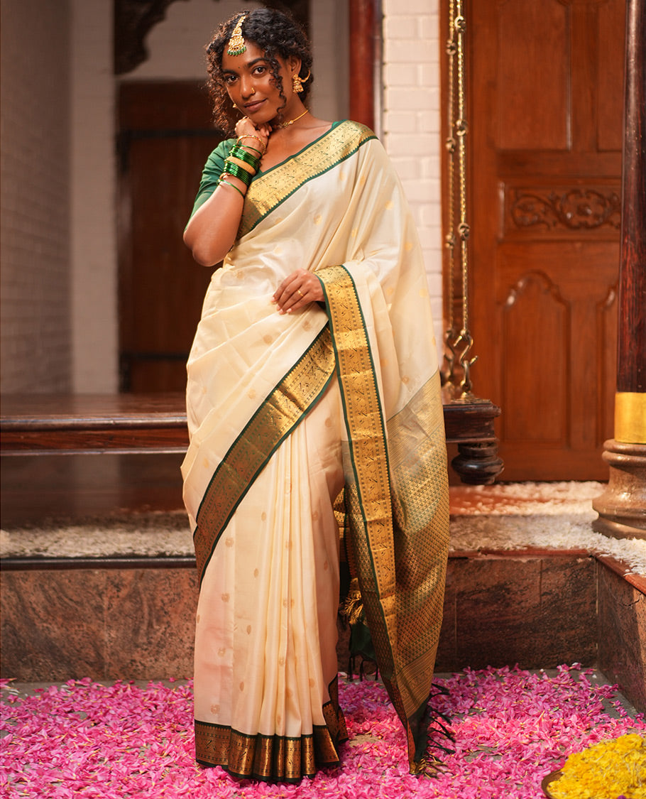 Off-White-Dark Green Vasundhara Lite Silk Mix Saree