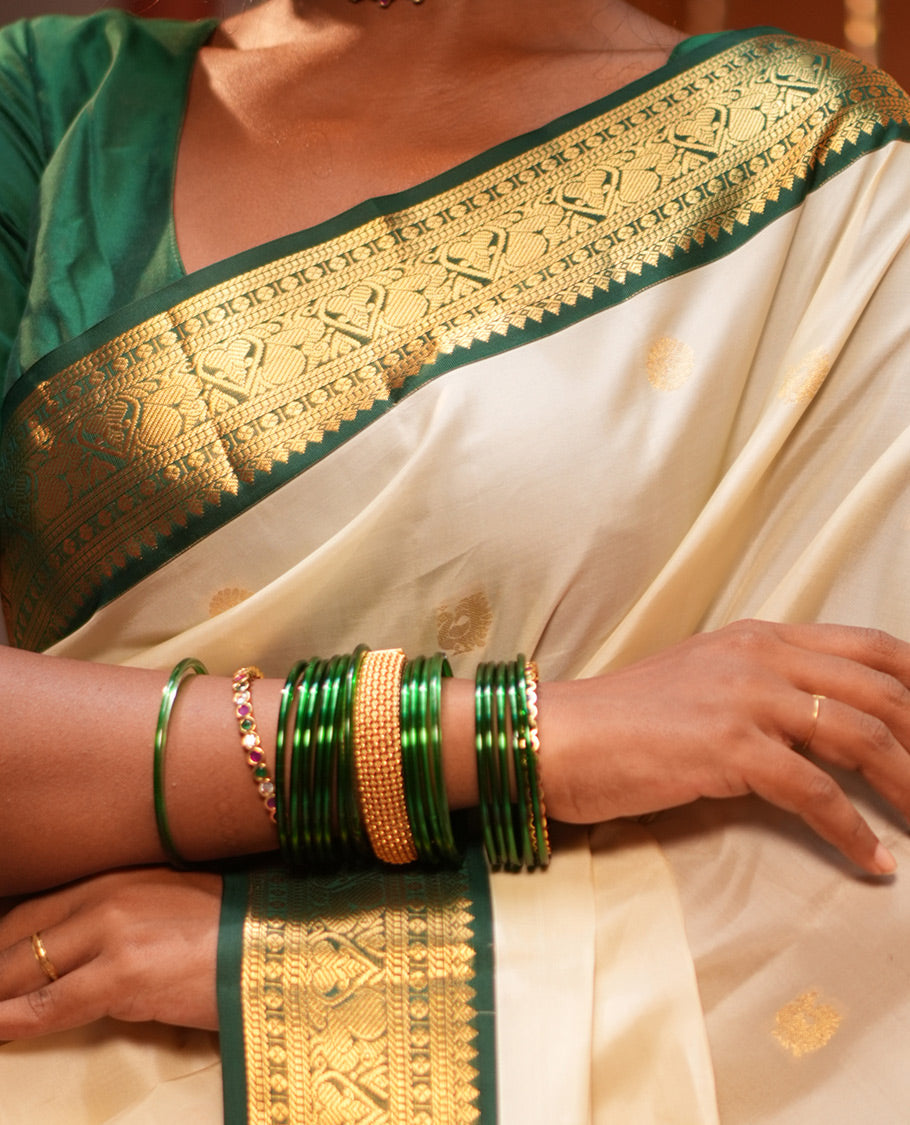 Off-White-Dark Green Vasundhara Lite Silk Mix Saree