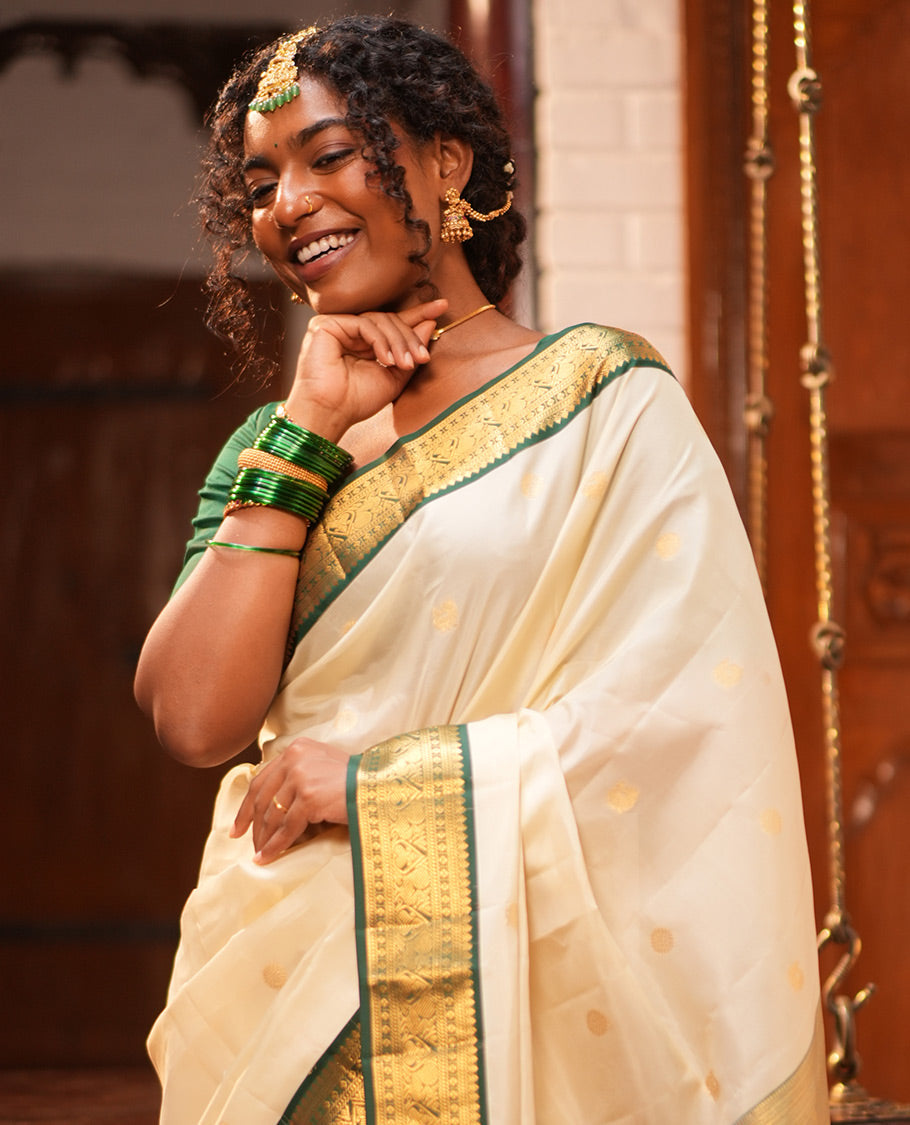 Off-White-Dark Green Vasundhara Lite Silk Mix Saree