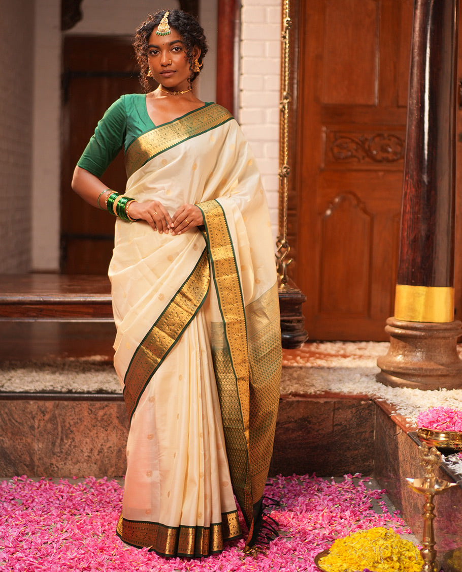 Off-White-Dark Green Vasundhara Lite Silk Mix Saree