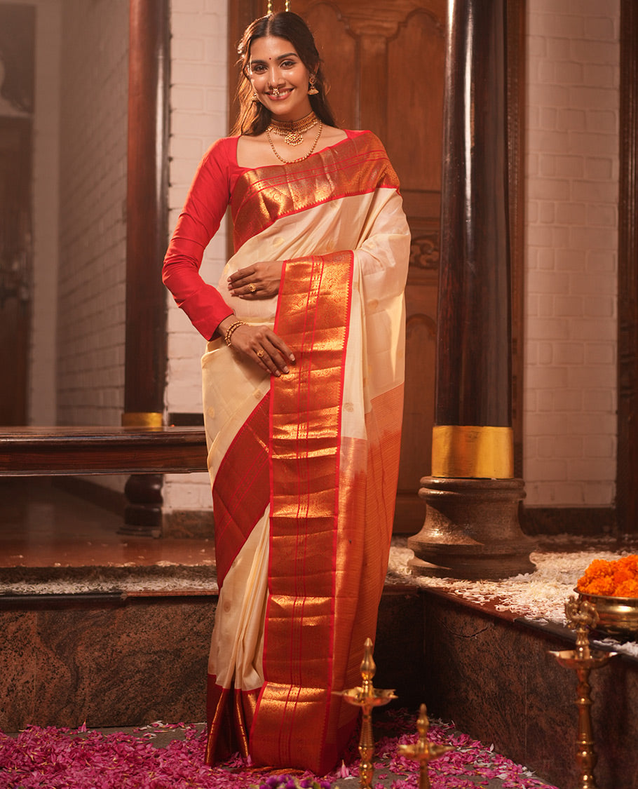 Off-White-Red Vasundhara Lite Silk Mix Saree