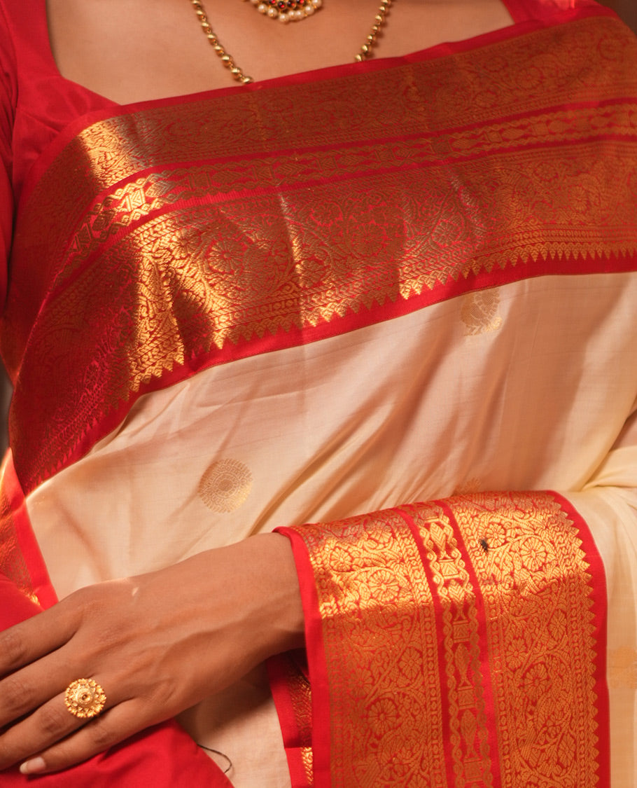 Off-White-Red Vasundhara Lite Silk Mix Saree