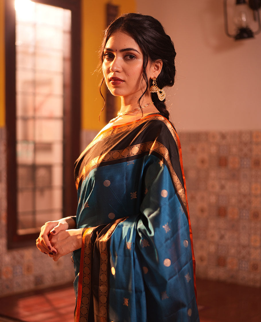 Blue Buttas Vasundhara Lite Silkmix Saree, Contrast Rettai-Pettu Border, Contrast Blouse