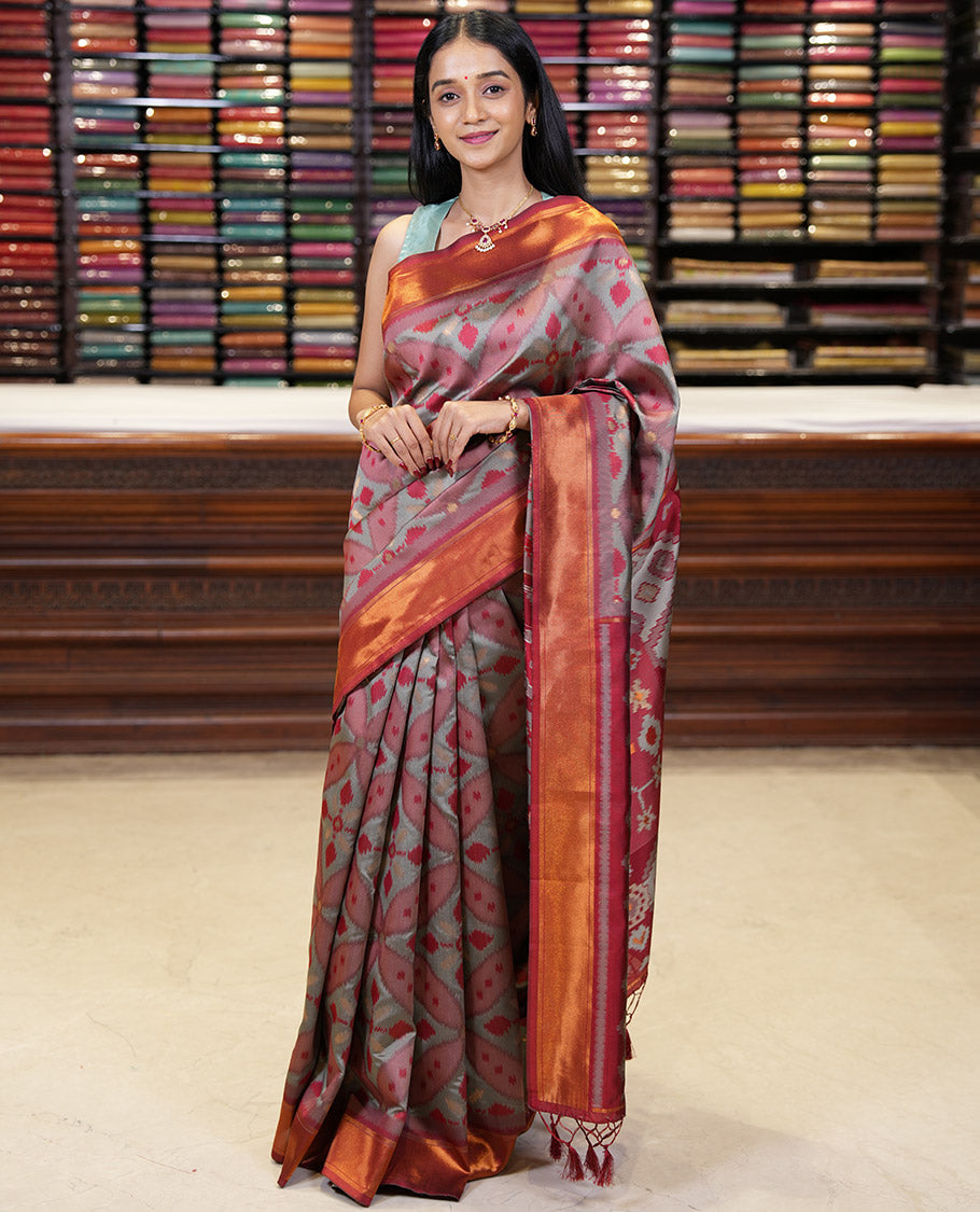 Light brown with red zari pochampalli weaving design mulberry silk saree with bawanchi, ikkat weaving border & rich pochampalli weaving pallu along with plain blouse