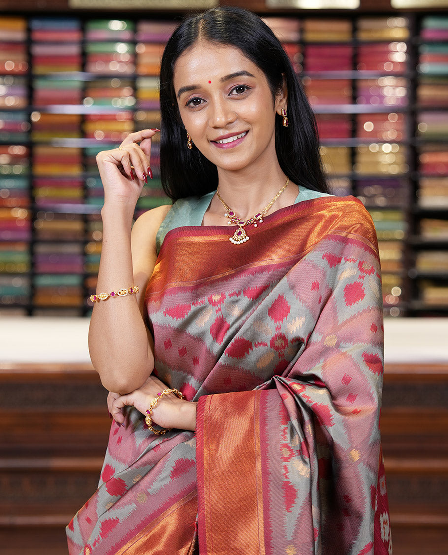 Light brown with red zari pochampalli weaving design mulberry silk saree with bawanchi, ikkat weaving border & rich pochampalli weaving pallu along with plain blouse