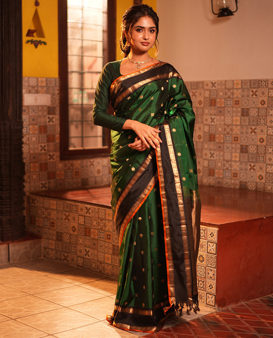 Green Buttas Vasundhara Lite Silkmix Saree, Contrast Rettai-Pettu Border, Contrast Blouse
