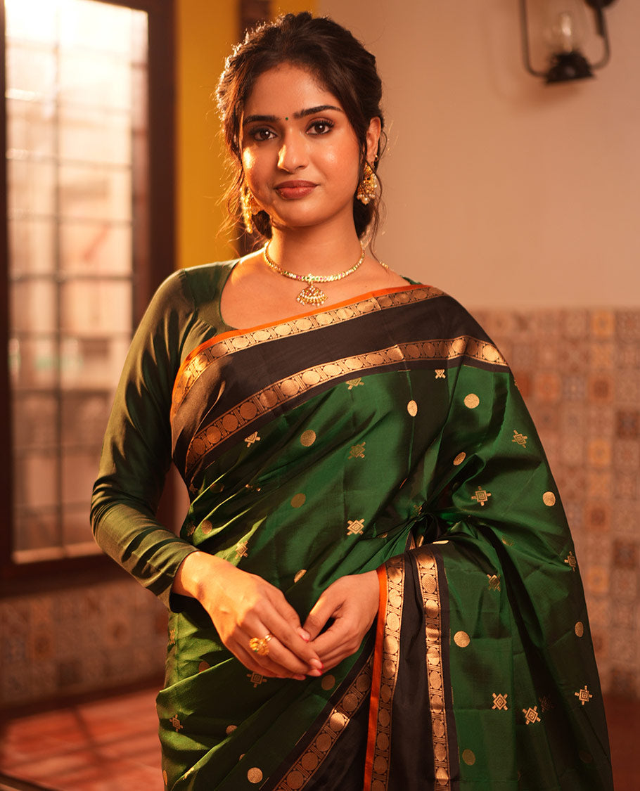 Green Buttas Vasundhara Lite Silkmix Saree, Contrast Rettai-Pettu Border, Contrast Blouse
