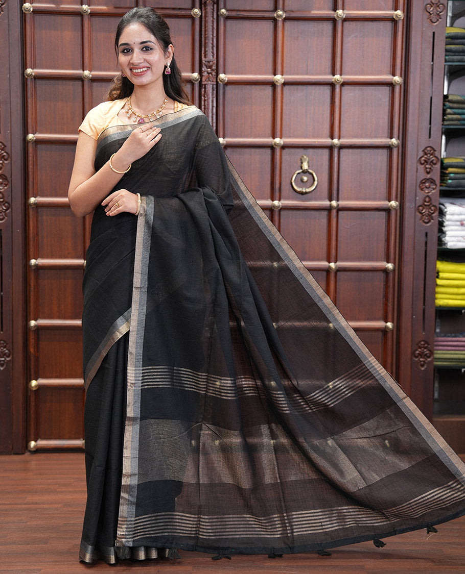 Black Plain Linen Cotton Saree, a Subtle Zari Border, a Self-Pallu, and Matching Blouse