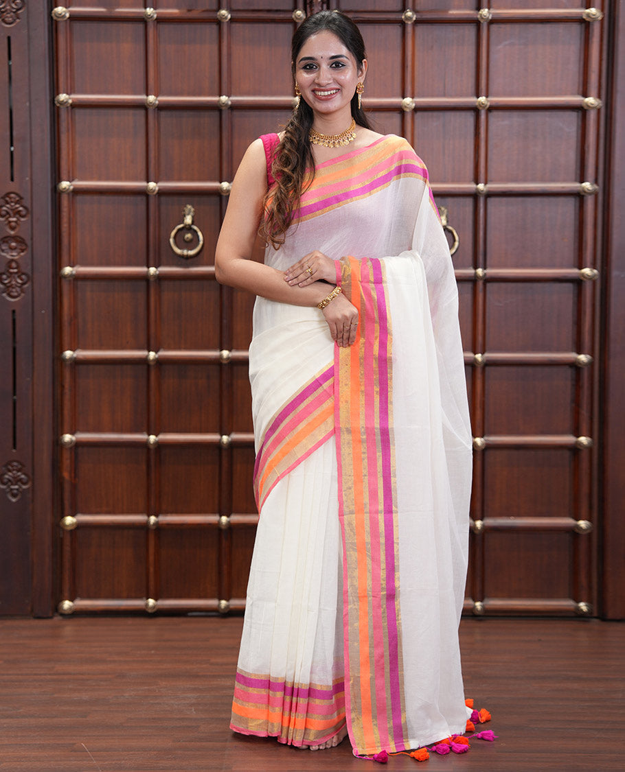 Cream Plain Khadi Mul Cotton Saree, Complemented by Contrast Zari Border, a Self-Pallu, and No Blouse