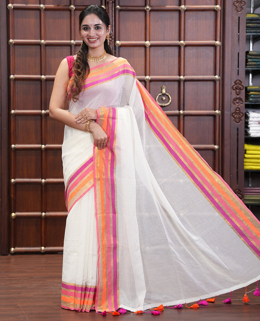 Cream Plain Khadi Mul Cotton Saree, Complemented by Contrast Zari Border, a Self-Pallu, and No Blouse